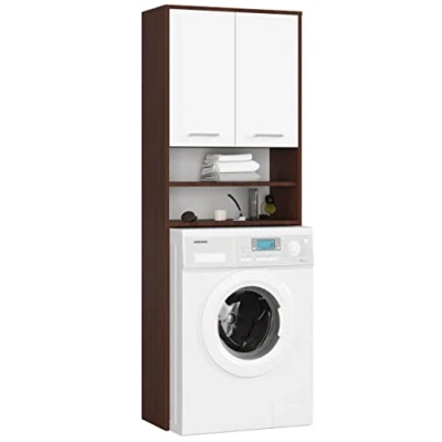 Imagen de AKORD Columna de Pared para empotrar Lavadora Mueble Alto con 2 Puertas, estantes Abiertos contenedor baño 64x180x30 cm Peso 30 kg Roble Sonoma/Blanco
