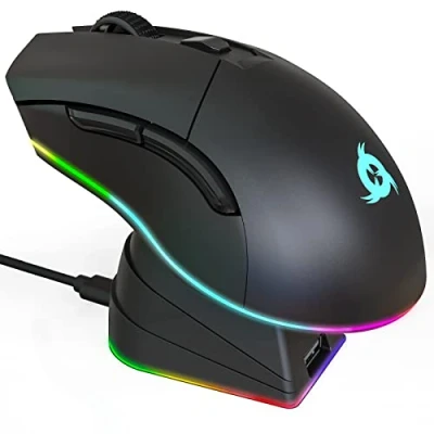 Imagen de KLIM Blaze Pro Ratón inalámbrico RGB Recargable con estación de Carga Novedad Sensor Alta precisión batería Larga duración hasta 6000 dpi Cable