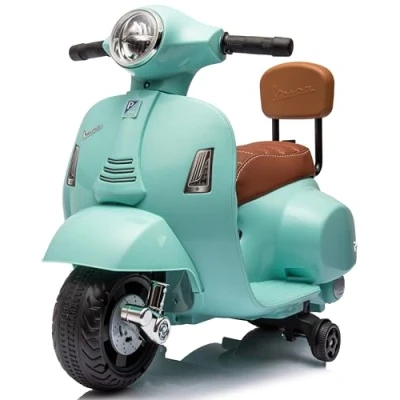 Imagen de Moto Eléctrica Vespa para Niños con clacson, pedale dell&#039;acceleratore, luci, ruote Laterali, Vehículo eléctrico Infantil Scooter (Turquesa Respaldo)