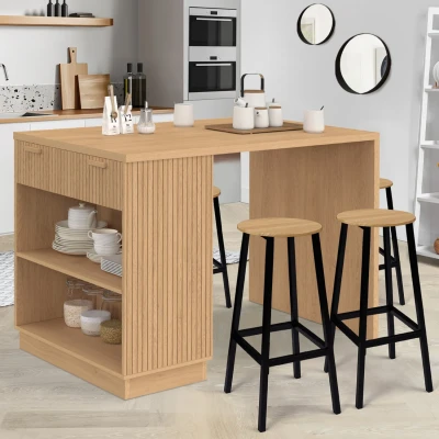 Imagen de JULIETTE Isla central de 4 plazas con efecto listones y encimera madera, 130 cm IDMarket
