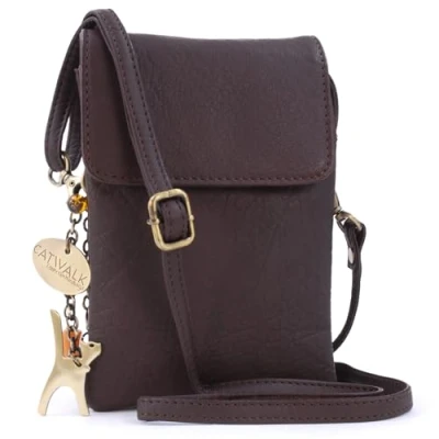 Imagen de Catwalk Collection Handbags Bolso Bandolera Pequeño Para Mujer de Piel Bolsa el Teléfono Correa Ajustable BILLIE Marrón