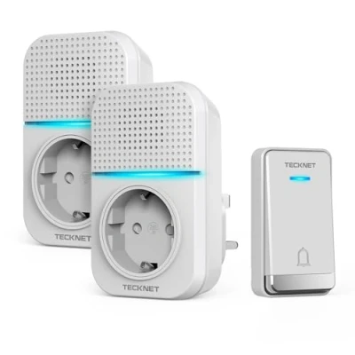 Imagen de TECKNET Timbre Inalámbrico Exterior Impermeable con Enchufe, 400m Alcance Casa Autoalimentado, IP65 para Puerta sin Pilas Indicadores LED, 60 Melodías Rango, 5 Niveles de Volumen
