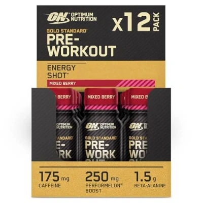 Imagen de Optimum Nutrition Gold Standard Impulso de Energía Pre Entrenamiento, Complemento Alimenticio Listo para Beber con Beta Alanina, Cafeína, PerforMelon Boost, Sabor Bayas Mixtas, Paquete 12, 12x60 ml