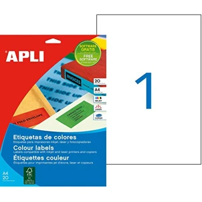 Imagen de APLI 1602 Etiquetas Adhesivas verdes permanentes I/L/C, tamaño A4, (210 x 297 mm),cantos rectos, pack de 20 hojas