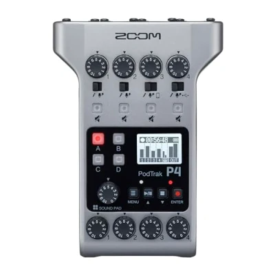 Imagen de Zoom PodTrak P4 Grabadora de podcast, alimentado por batería, 4 entradas micrófono, salidas auriculares, entrada teléfono, teclado sonido, grabación en tarjeta SD, modo interfaz