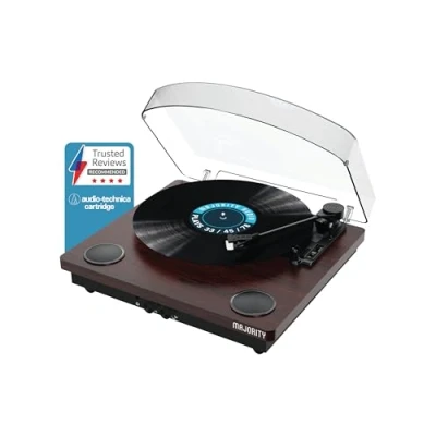 Imagen de Tocadiscos de Vinilo con Entrada y Salida Bluetooth Cartucho Premium Grabación USB AUX RCA Altavoces estéreo incorporados Alfombrilla incluida MAJORITY Moto (Nogal)
