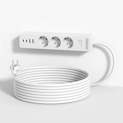 Imagen de Regletas Enchufes con Cable 3 Metros, NTONPOWER Regleta USB Montaje de Pared, Alargador Enchufe Tomas y 2 Cargador USB, Multiple Protección para Niños Interruptor, Blanco