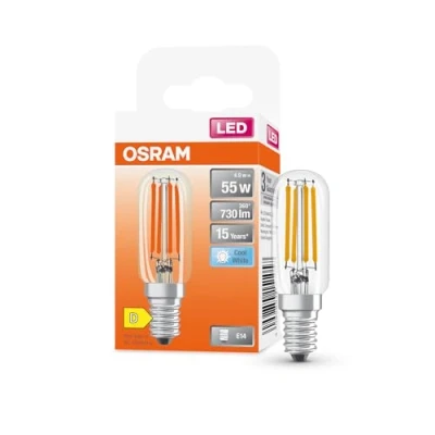 Imagen de OSRAM SPECIAL T26 FIL 55 pequeña lámpara LED especial con casquillo E14, forma delgada, 4,9W, 730lm, 4000K, luz blanca fría, buena emisión de omnidireccional, larga vida útil, paquete 6