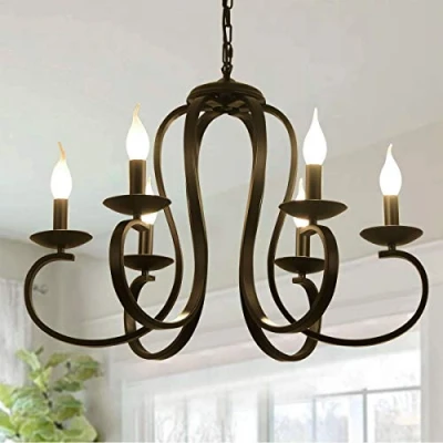 Imagen de Ganeed Candelabros de 6 luces, candelabro metal vintage estilo francés, luz colgante vela con acabado negro para granja, comedor, isla cocina, vestíbulo