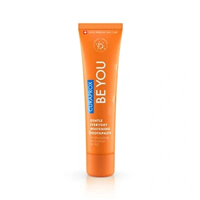 Imagen de Curaprox Be You Pfirsich Whitening Zahnpasta mit Geschmack von und Aprikose, Menthol, vegan, 950 ppm Fluorid, RDA 50, orange, 60 ml