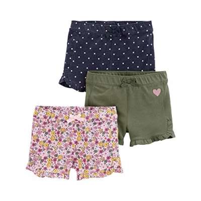 Imagen de Simple Joys by Carter&#039;s 3 Pack Knit Shorts Pantalones Cortos, Rosa Floral/Tejano Lunares/Verde Oliva Corazones, 12 Meses (Pack de 3) para Bebés