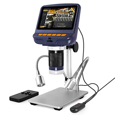 Imagen de Andonstar AD106S microscopio digital USB con pantalla LCD de 4.3 pulgadas, 200X para soldadura placa circuito, cámara monedas 8 luces LED ajustables, soporte metal,