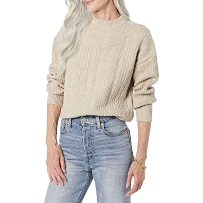 Imagen de Amazon Essentials Jersey Moderno de Cuello Redondo y Punto Trenzado Suave Al Tacto (Disponible en Tallas Grandes) Mujer, Bronceado Mezcla, L