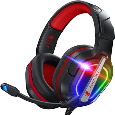 Imagen de Fachixy FC200 Cascos Gaming para PS5, PS4, PC, Xbox One, Switch, Auriculares Cancelación de Ruido, con Microfono Estéreo Sonido, PS5 3.5mm Jack Luz RGB (Rojo)