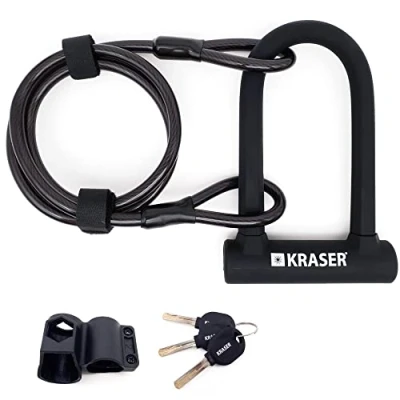Imagen de KRASER KR65145B Candado Bicicleta U, Alta Resistencia, Compacto + Cable 120cm Más Seguro y Páctico, Horquilla ø16 Acero de Doble Bloqueo, Soporte Fácil Transporte, Antirrobo Universal Bici Patinete