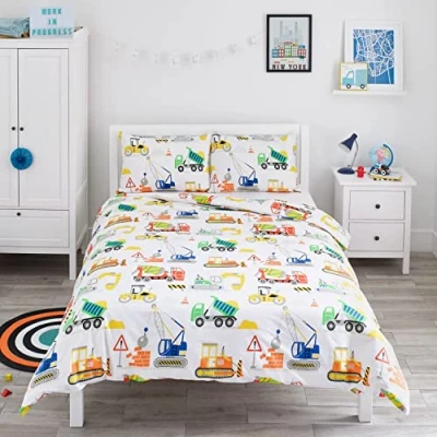 Imagen de Bloomsbury Mill Juego de Funda Nórdica Cama 105 para Niños y Niñas Vehículos Construcción Camiones, Excavadoras Grúas Edredón Reversible 2 Almohadas Infantil 200x200 cm