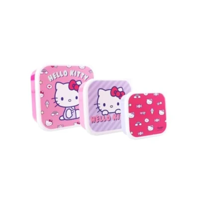 Imagen de My sweety pop Juego de 3 cajas merienda Hello Kitty Caja para aperitivos Almuerzo niños Guardería Escuela Vacaciones Comida 11,5 cm (rosa/morado)