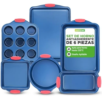 Imagen de NutriChef juego de 6 moldes, Utensilios horno, Baking set, Moldes reposteria, Antiadherentes, Libres PFOA, PFOS, PFTEE, Aptos para hornos hasta 230C (450F), Mangos silicona