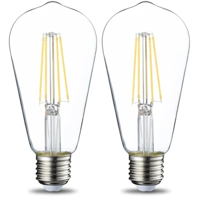 Imagen de Amazon Basics Bombilla LED E27 Vintage Edison, ST64, 7 W (equivalente a 60 W), filamento transparente, no regulable, paquete de 2