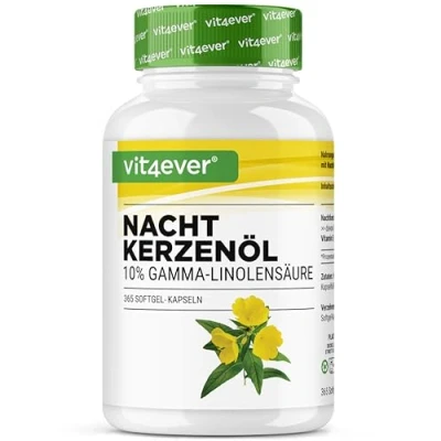 Imagen de Aceite de onagra 365 cápsulas Altamente dosificado con 2000 mg por dosis diaria Premium: 10% ácido gamma linolénico GLA, vitamina E natural y prensado en frío
