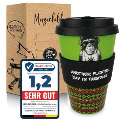 Imagen de Morgenheld Taza de Café Viaje Reutilizable, Monkey Reggae, Porcelana Vaso con Tapa 380ml
