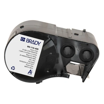 Imagen de Brady Etiquetas de tejido nailon para impresoras BMP51/BMP53/M511 240 adhesivas Negro sobre blanco (25,40 mm (an) x 9,53 (al) (∅)) M5 118 499