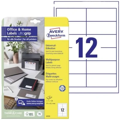 Imagen de Avery Zweckform 6123 Blanco etiqueta de impresora Etiquetas (Blanco, A4, Papel, Laser/Inyección tinta, Permanente, Mezclar)