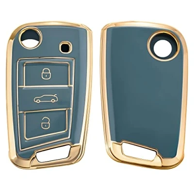 Imagen de kwmobile Carcasa para Mando Compatible con VW Golf 7 MK7 Llave de Coche 3 Botones Funda Llaves TPU Azul/Dorado