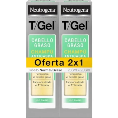 Imagen de Neutrogena T/Gel champú Anticaspa de uso diario (pack 2 x 250 ml), para cabello graso, un pelo limpio y aspecto saludable, disminuye la caspa desde primera aplicación