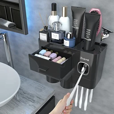 Imagen de iHave Soporte para Cepillo de Dientes Negro montado en la Pared con dispensador automático Pasta Dientes, 2 Tazas, Soportes cepillos decoración baño cajón,