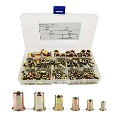 Imagen de tuercas de remache roscadas acero al carbono, 150 unidades, kit surtido M3 M4 M5 M6 M8 M10, chapado en zinc, cabeza plana