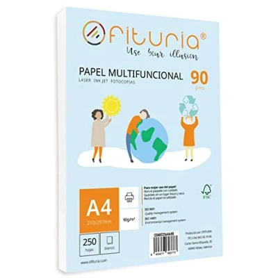 Imagen de Paquete de folios A4 90gr con 250 Hojas Blancas, Papel Multifuncional para Uso Escolar y Entornos Laborales. Ideal impresoras láser, inyección o fotocopiadoras Ofituria
