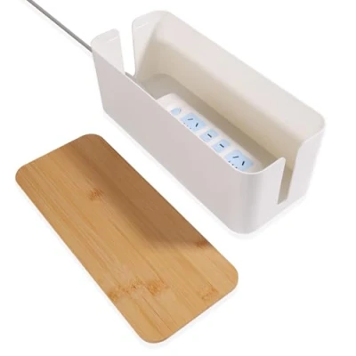 Imagen de QOEOTUY caja organizadora de cables almacenamiento: gestión con tapa bambú para organizar cables, y ocultar color blanco