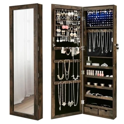 Imagen de SONGMICS Armario para Joyas, Espejo Joyero de Pared, con Luces LED y Cierre, Organizador Pendiente, Collar, Varios Compartimentos, MarrÓn RÚstico JJC93CB