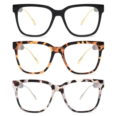 Imagen de JM 3 Pack Clásicas Cuadrada Gafas de Lectura para Mujer Hombre, Retro Moda Gran Tamaño Presbicia con Bloqueo a Luz Azul +1.0