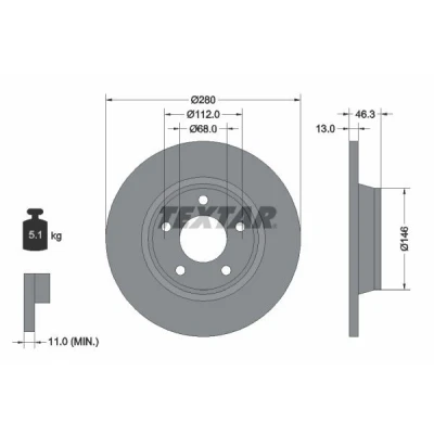 Imagen de TEXTAR PRO+ 92071605 Disco de freno 280 13 05/05 112 macizo revestido altamente carbonizado sin perno sujeción rueda, buje rueda