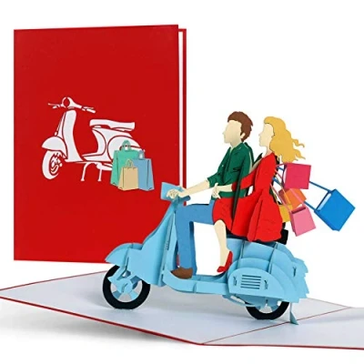 Imagen de tarjeta de regalo compras para mujeres, viaje compras, mamá, regalos o ideas ella, esposa, mejor amiga, desplegable 3D, scooter Vespa, H18