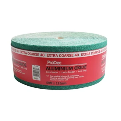 Imagen de ProDec Rollo de papel lija abrasivo óxido aluminio verde grado 40, grano para lijar madera, pintura, yeso, relleno, metal y más, 115 mm ancho compatible con
