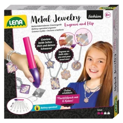 Imagen de Lena 42655 Engraver &#039;s Jewelry Studio, grabado Studio joyería para niños a partir de 9 años, Juego con pilas gravierer, cola, 800 brillantes joyas y 6 metal colgante cadenas, plata , color/modelo surtido