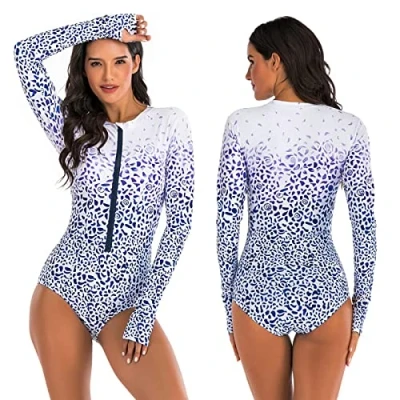 Imagen de Beachkini Traje de baño para Mujer con protección Solar, Manga Larga, Ropa Surf una Pieza Cremallera,Blanco púrpura,XL