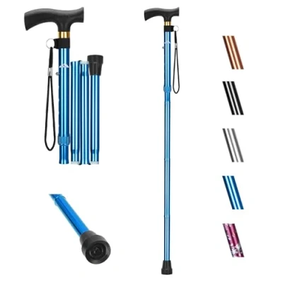 Imagen de supregear Bastones de Caminar Plegables, Bastón Aluminio Plegable Ajustable con Mango en T y Anti pérdida la Correa Muñeca Antideslizante Equilibrio Ayuda a Movilidad