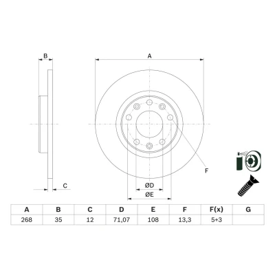 Imagen de BOSCH 0 986 479 E94 Disco de freno 268 12 5 108 macizo revestido con tornillos