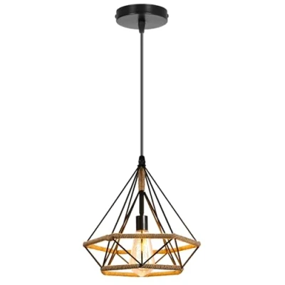 Imagen de PETITES ECREVISSES Lámpara Colgante Vintage E27 de Techo industrial Metal con Cuerda Cáñamo Retro Diseño Jaula 25CM para Dormitorio Café Salón Pasillo (1 pieza)
