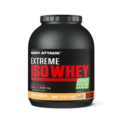 Imagen de Body Attack Extreme Iso Whey, CFM aislado de proteína suero leche sauce irlandés 100%, sin gluten, rico en AEA, bajo grasas, 90,6% contenido (yogur albaricoque, 1,8 kg)