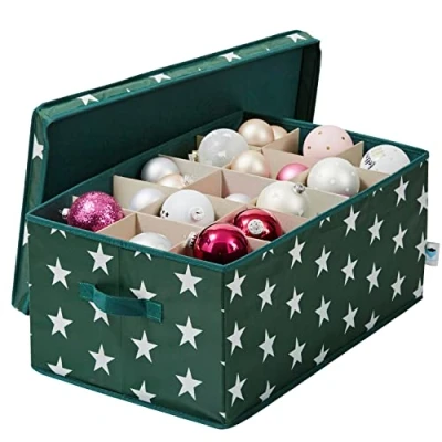 Imagen de LOVE IT STORE Caja de almacenamiento para bolas Navidad decoración navideña tela Reforzada con cartón 30 compartimentos Verde oscuro estrellas 58 x 36 25 cm