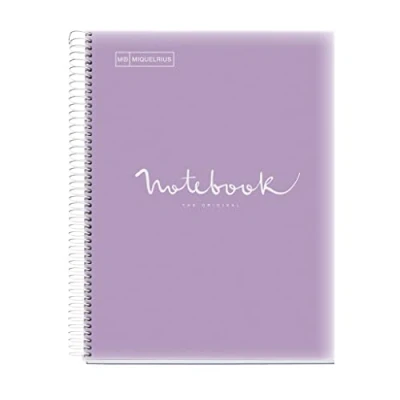 Imagen de Miquelrius Cuaderno A4 Notebook Emotions, 80 Hojas 90 g/m², Rayado Séyès, 1 Franja de Color, Espiral Microperforado, Tapa Polipropileno, 4 Taladros, Color Lavanda