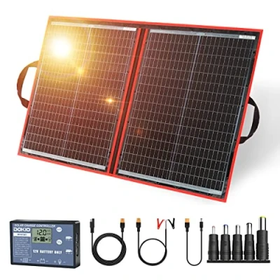 Imagen de Dokio Kit de panel solar plegable, ligero, monocristalino con control solar, 2 salidas USB, 100 W, 12V, para caravana o barco (portátil)