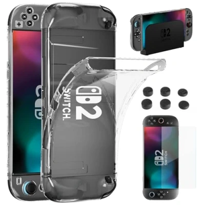 Imagen de HEYSTOP Carcasa Compatible con Nintendo Switch 2 Modelos, Funda TPU Suave Dockable Protector de Pantalla y Tapas Silicona para el Pulgar Mando