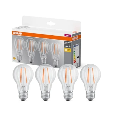 Imagen de OSRAM LED BASE A60, paquete de 4 bombillas, reemplaza bombillas incandescentes tradicionales 60W, 6.5W, blanco cálido (2700K), vidrio mate, no regulable, forma bulbo, E27