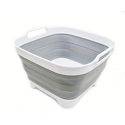 Imagen de SAMMART Sartén plegable de 10 litros con tapón drenaje, lavabo plegable, tina portátil para lavar platos, bandeja almacenamiento cocina que ahorra espacio (1, blanco/gris)